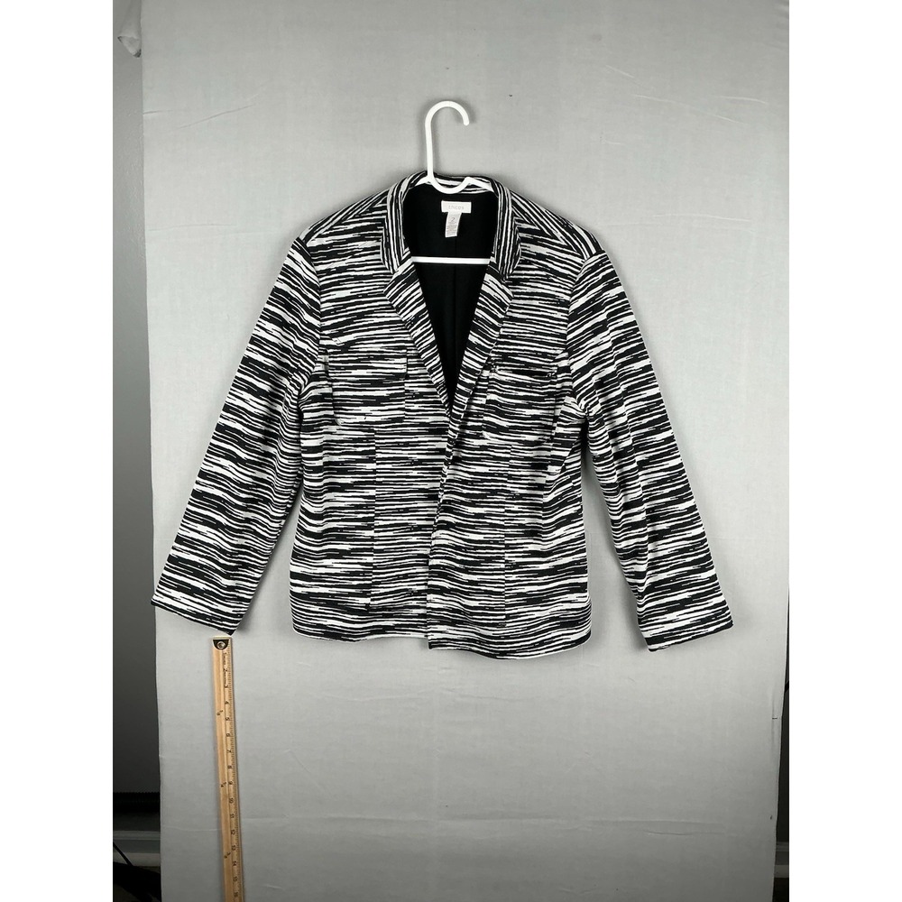 Chico's Womens Blazer Jacket Size 2 Black White Stripe Open Front Career